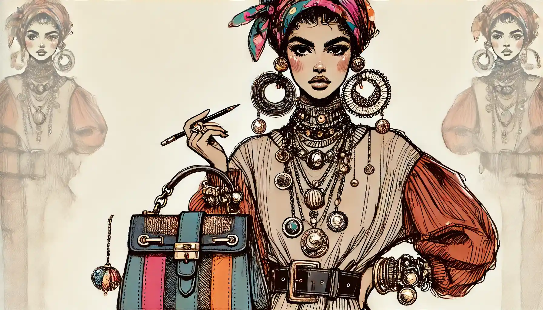 A beautiful woman in a unique look full of bracelets, laces, and other accessories.