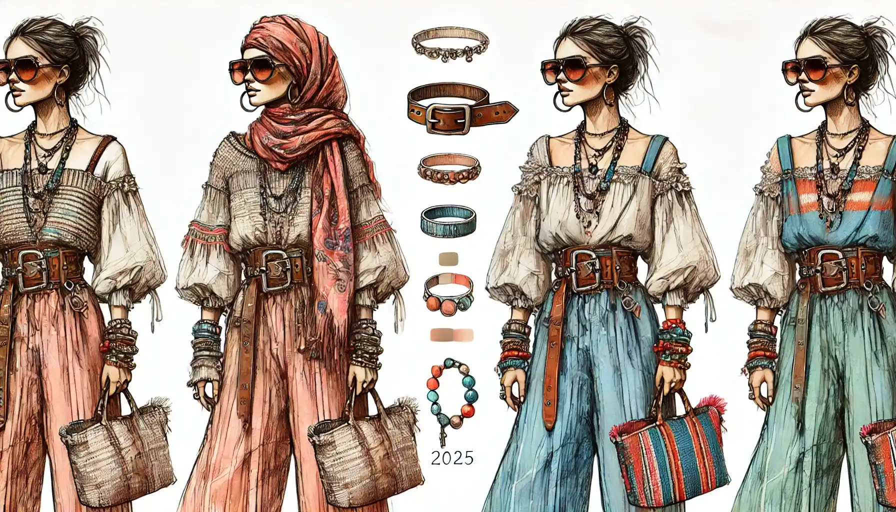 A beautiful woman in a look full of accessories in pastel and natural tones.