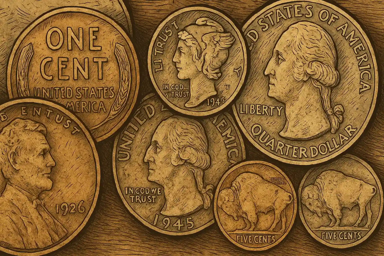 Antique, weary, yet beautiful coins are lying on the wooden surface.