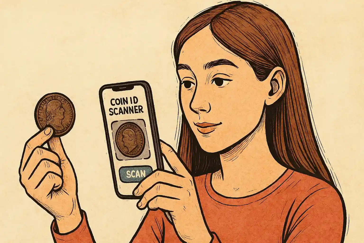 A young woman scans an unknown coin via the Coin ID Scanner app.