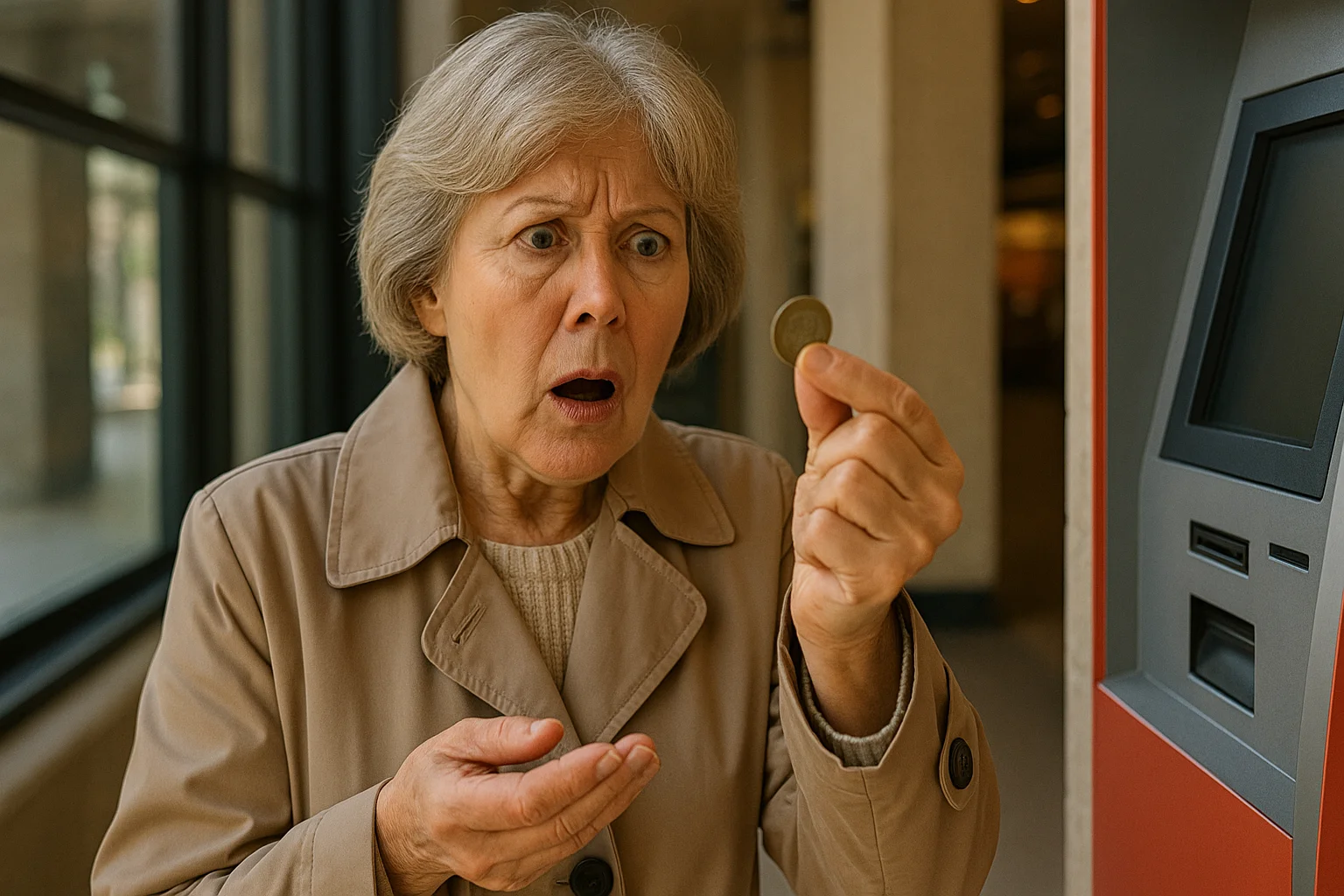 An older woman stares in disbelief at a coin she just received from a vending machine — could it really say “In Cod We Trust”?