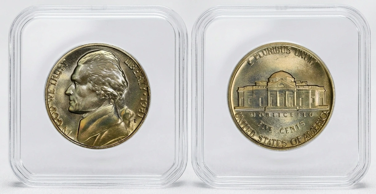 A 1981 nickel placed inside a clear coin holder